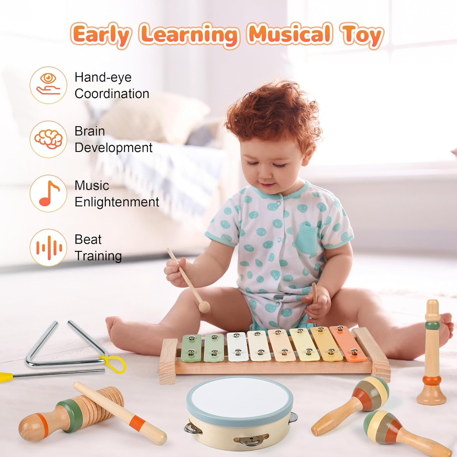 CYZAM Wooden Musical Instruments, Montessori Toys for Baby Toddler 1-3, Neutral Colors Wooden Percussion Instruments Set, Modern Boho Xylophone Tambourine, Kids Preschool Educational Birthday Gifts image number 6