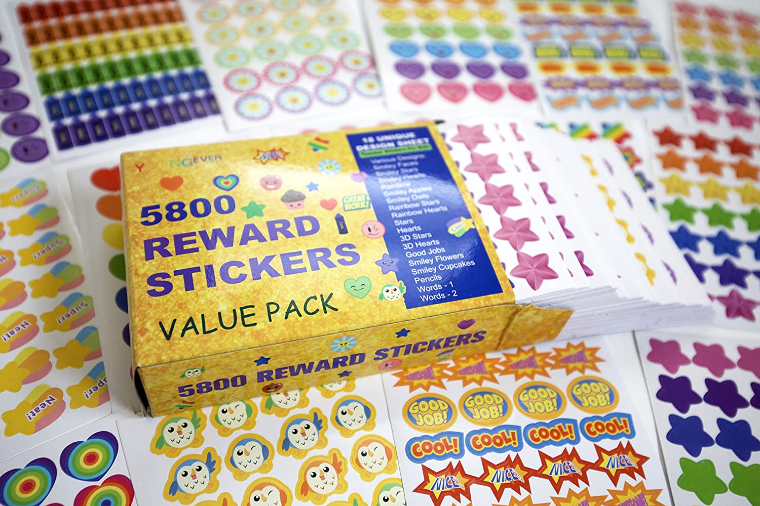 Youngever 5800 Pcs Teacher Stickers for Kids, Reward Stickers Mega Variety Pack, Incentive Stickers, 18 Design Styles Including 3D Heart, Face, Star, Owl, Cupcake image number 6