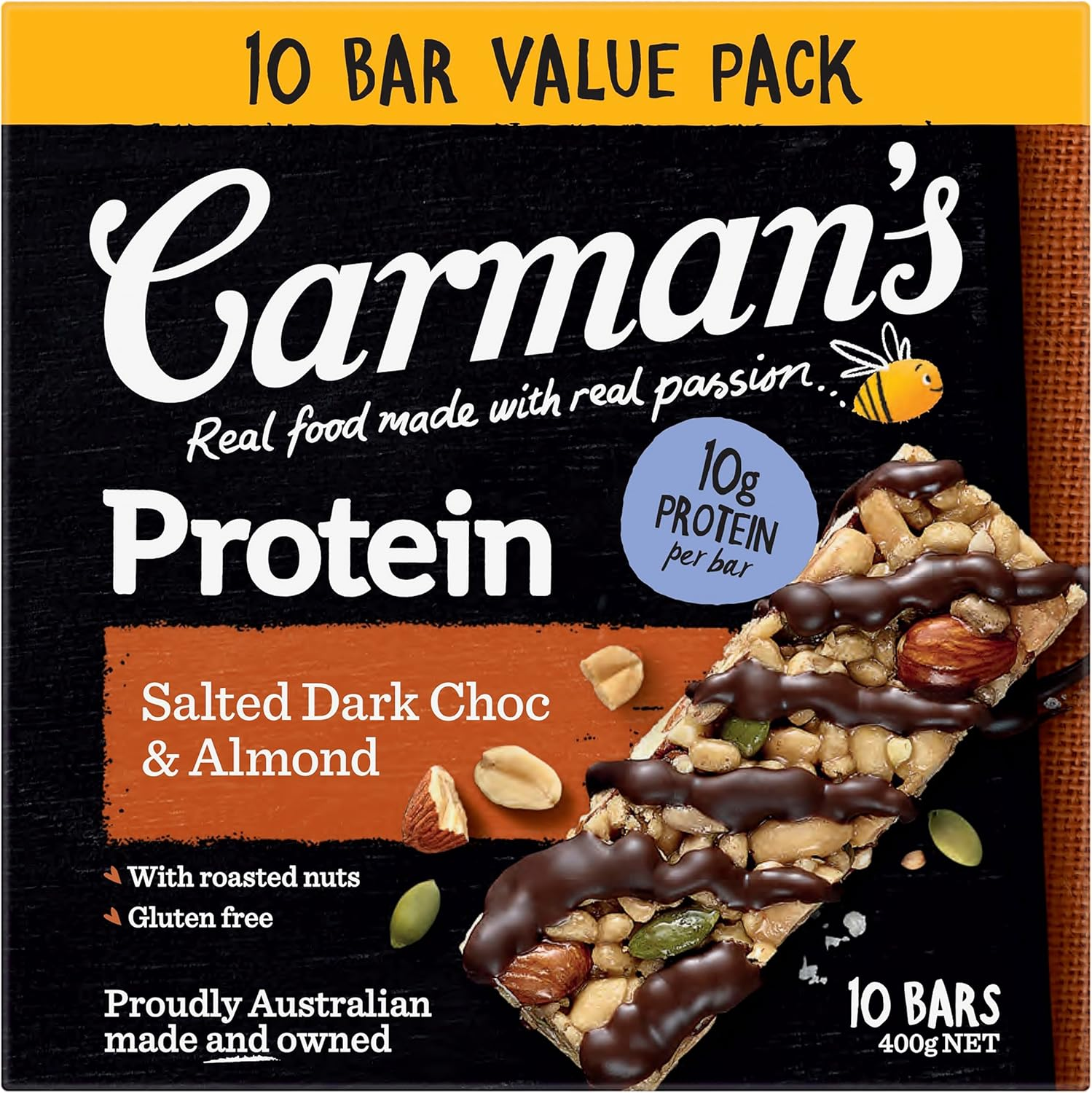 Carman'S Salted Dark Choc Almond Protein Bar Value Pack 10X40G image number 3