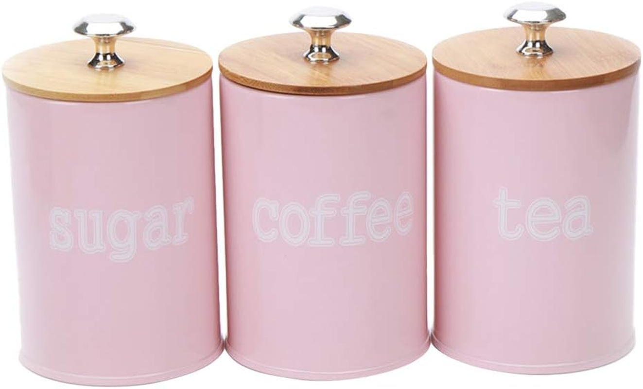 Set of Food Storage Canister with Wooden Lid - Metal Food Storage Canister, Food Storage Jar for Coffee, Sugar, Tea, Spice and Pink
