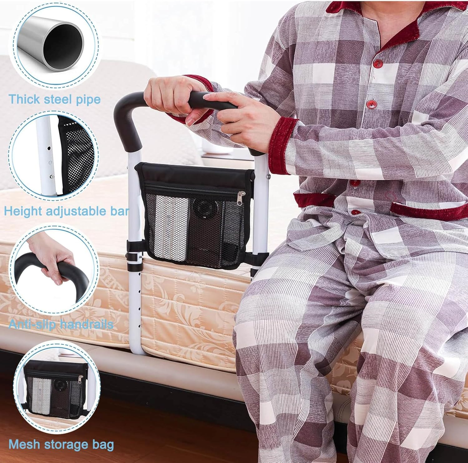 Bed Rails for Elderly Adults Safety, Bedside Assist Grab Bars Height Adjustable Storage Pocket Fall Prevention Guard Seniors image number 5