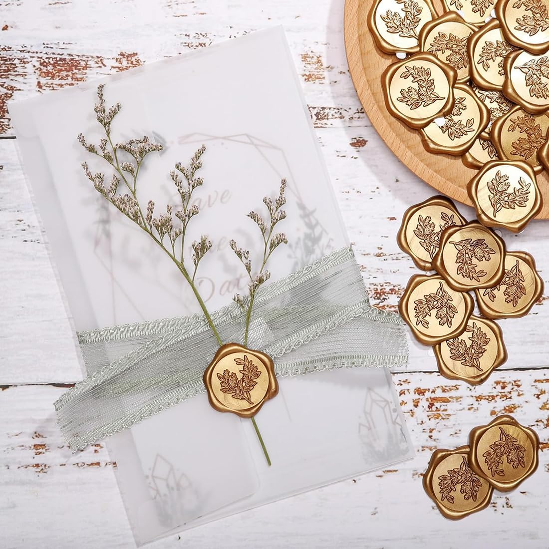 100Pcs Wax Seal Stickers, Gold Envelope Seal Stickers, Self Adhesive Wedding Invitation Envelope Seal Stickers, Eucalyptus Wax Seal Stickers for Wedding Party Birthday Christmas image number 1