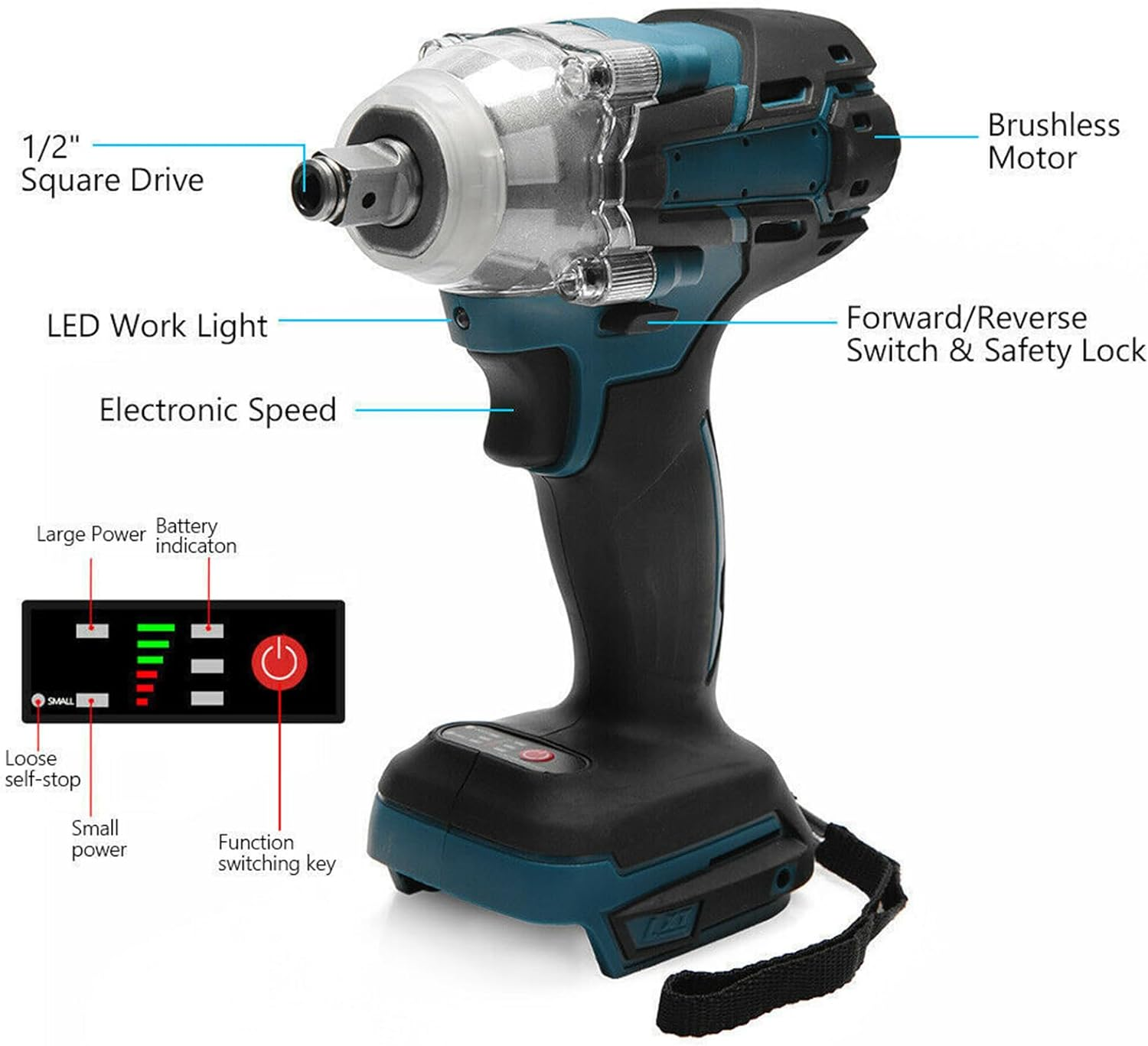 1/2" Cordless Impact Wrench Driver 1280W Brushless Rattle Gun with 7 Sockets 2Bateries 1 Charger for Makita 18V Battery image number 6