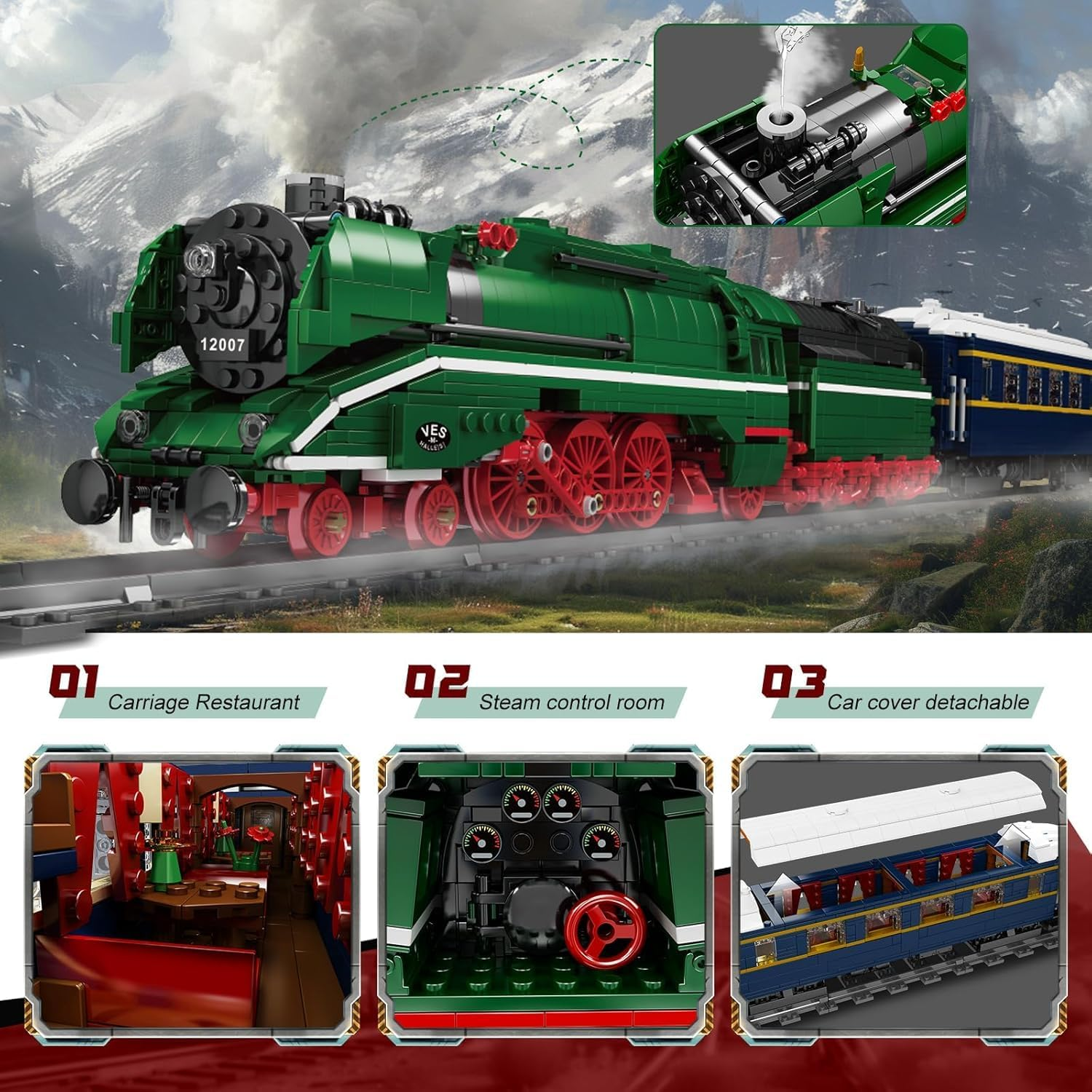Mould King 12007 German Express Steam Train Building Set, LED Motor Track Model Block Kit, STEM Toy to Build Gift Boys Girls Aged 14+ 2348Pcs image number 2