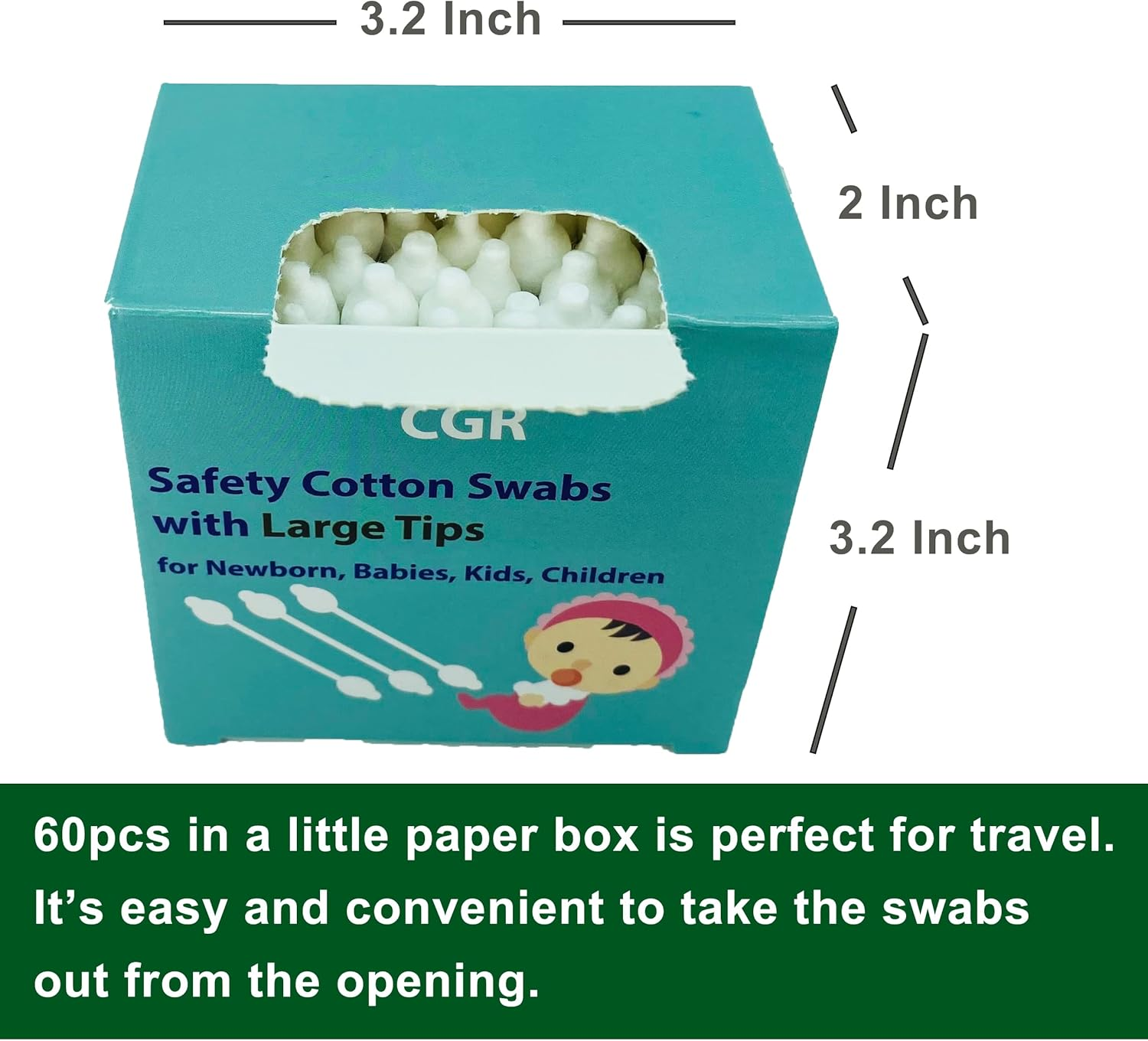 300Pcs CGR Baby Safety Cotton Swabs with Large Tips for Newborn, Babies, Kids, Children, 100% Organic Cotton, White Paper Sticks, 5 Pack of 60 Swabs Total(5 Paper Boxes) image number 2