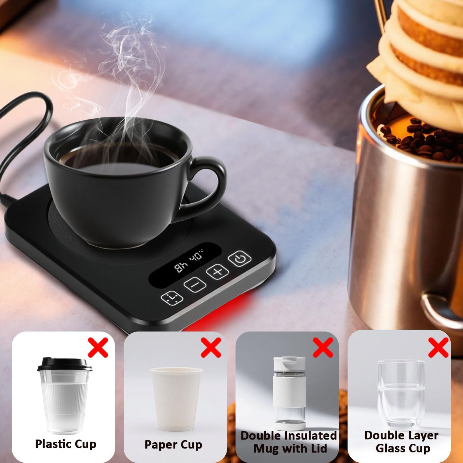 WEKUBA Coffee Mug Warmer, 9 Adjustable Temperature Levels (40-80&deg;C), 1-12 Hours Timer for Auto On/Off, Metal Heating Panel, Fast Heating, Cup Warmer with Night Light Design, FCC Certified image number 2