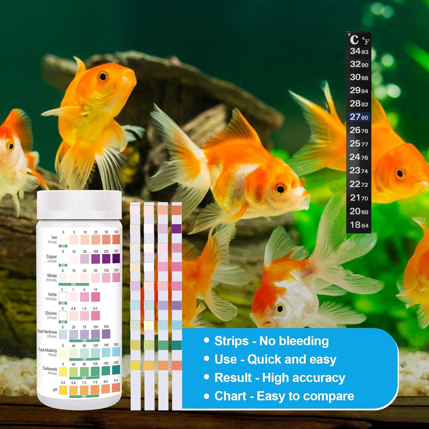 7 in 1 Aquarium Test Strips, 100 Strips Fish Tank Water Quality Test Freshwater Saltwater Test Kit for Test Nitrate, Nitrite, Chlorine, Hardness, Alkalinity, Carbonate, Ph -Aquarium Water Testing image number 2