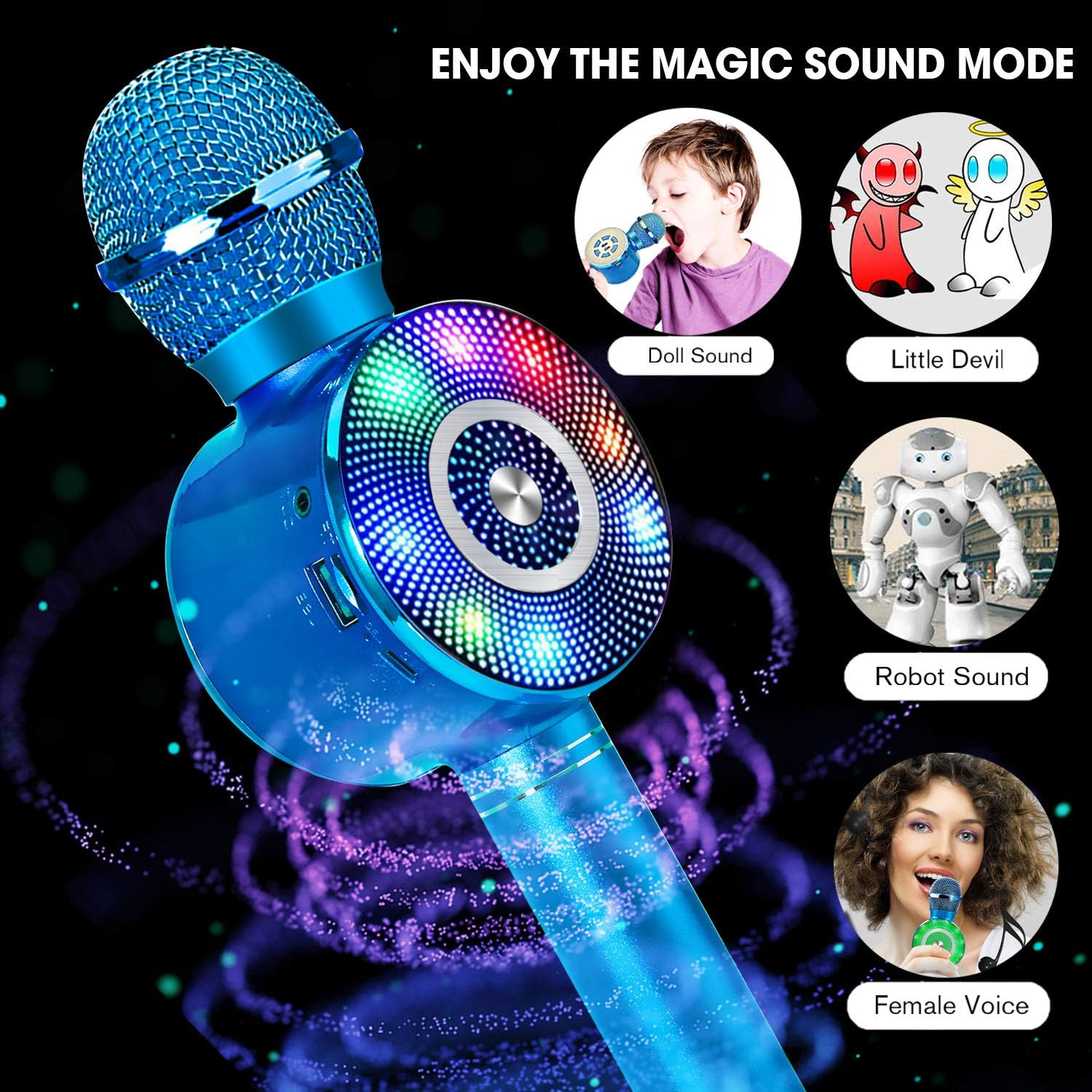 Wireless Bluetooth Karaoke Microphone with LED Lights, 4 in 1 Portable Karaoke Machine Speaker for Android/Iphone/Pc image number 5