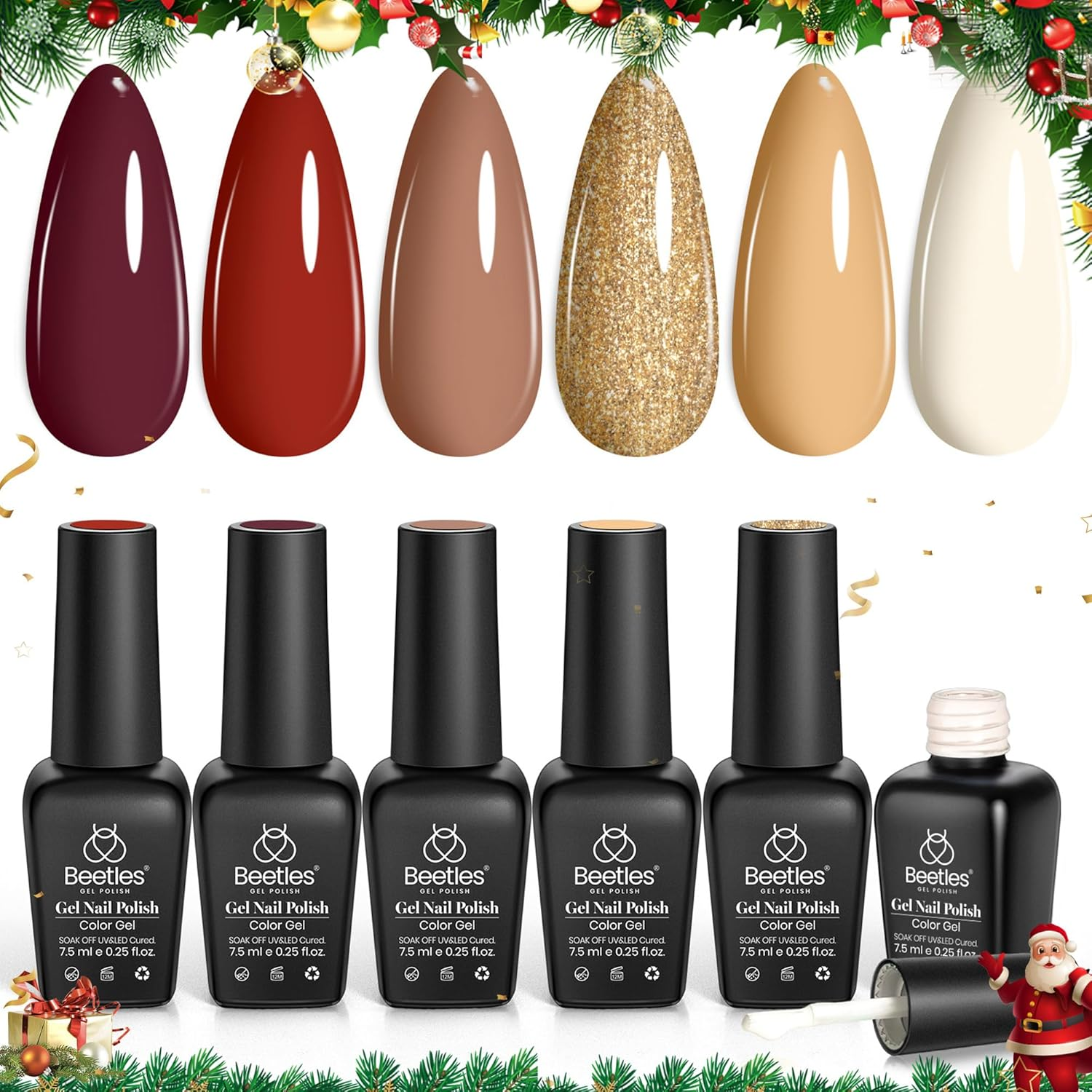 Beetles Gel Polish Red Gel Nail Polish Set, 6 Colors Modern Retro Brown Burgundy Red Gold Glitter Gel Polish Wine Red Gel Nail Kit Soak off Nail Lamp Uv LED Nail Art DIY Home Minicure Nails image number 1