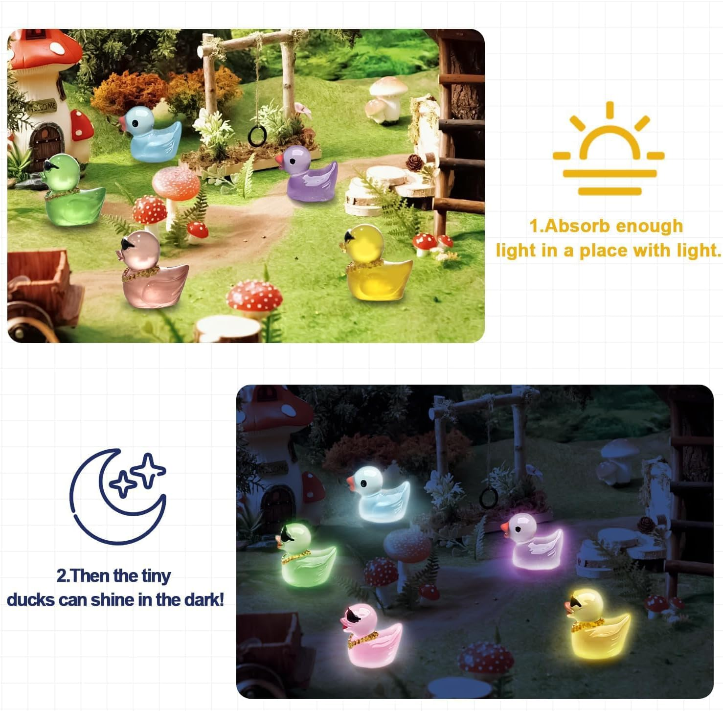 100PCS Mini Ducks,Funcyboo Resin Ducks Luminous Mini Duck for Crafts Miniature Ducks to Hide Cute Small Ducks Accessories for Aquarium Garden Landscape Dollhouse Potted Plant DIY(2 Styles/Many Colors) image number 4
