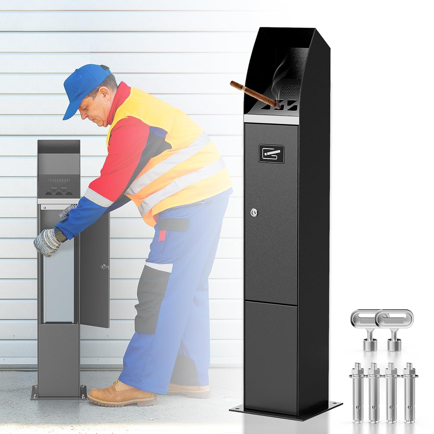 Standing Cigarette Bin,Outdoor Standing Ashtray, Stand up Ashtrays for Outside, Cigarette Ashtray, Smokers Outpost for Use outside of Commercial Office,Restaurants, Bars. image number 1