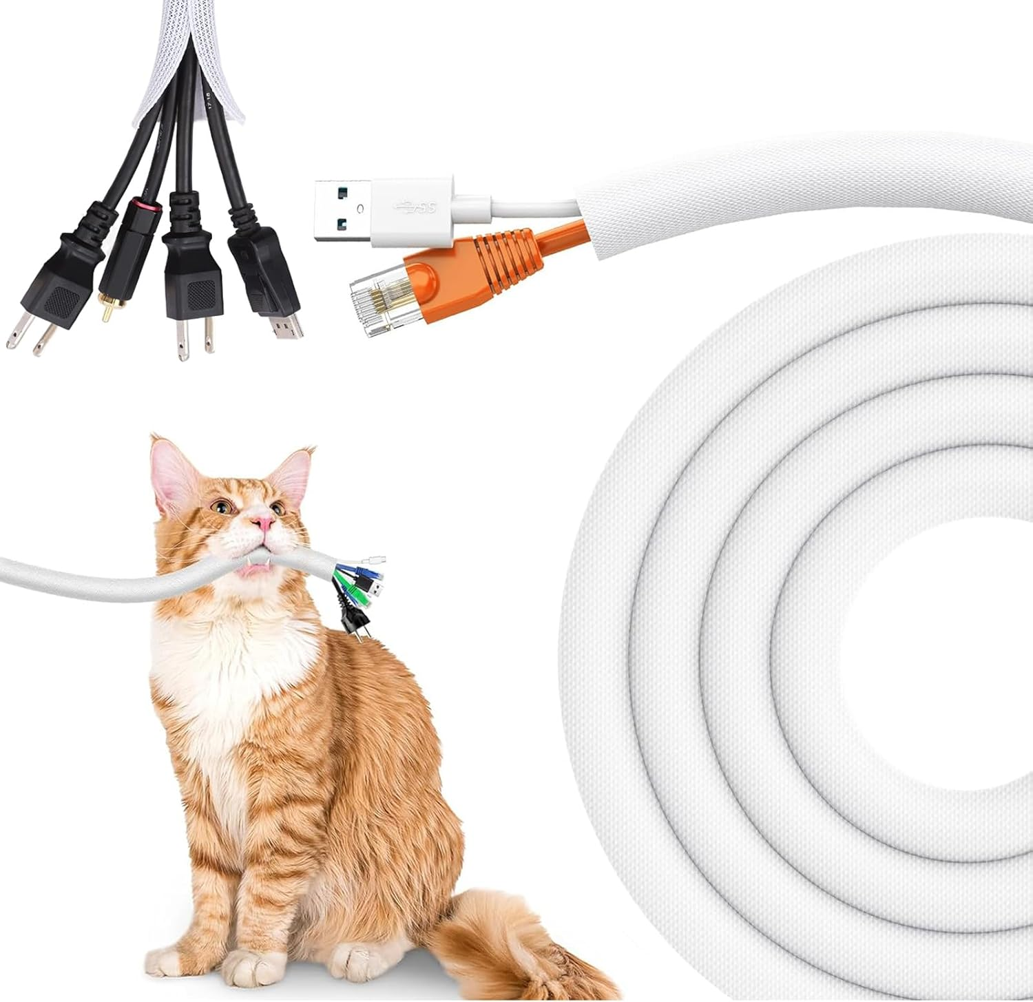 6.6Ft - 1/2 Inch Braided Cable Sleeve, Cord Wrap Cord Protector Tubing for Pets, PC Cable Wrap Wire Loom, Cable Management Sleeve for Tv/Computer/Home Theater/Engine Bay (6.6Ft-1/2In-White) image number 2