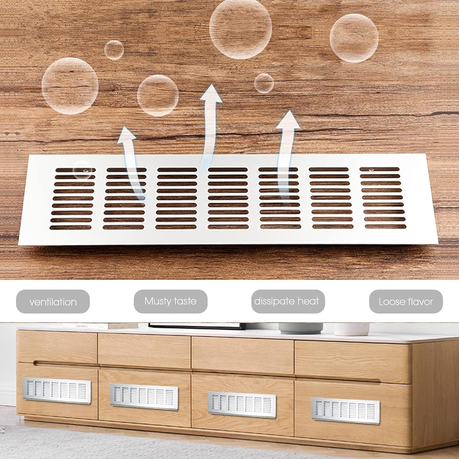 2Pcs Cabinet Furniture Vent Covers,Louvered Ventilation Cover,Aluminium Alloy Ventilation Grille,Rectangle Air Vent for Kitchen Sink Wardrobe Shoes Cabinet 250X 60Mm (L X W) (Silver) image number 1