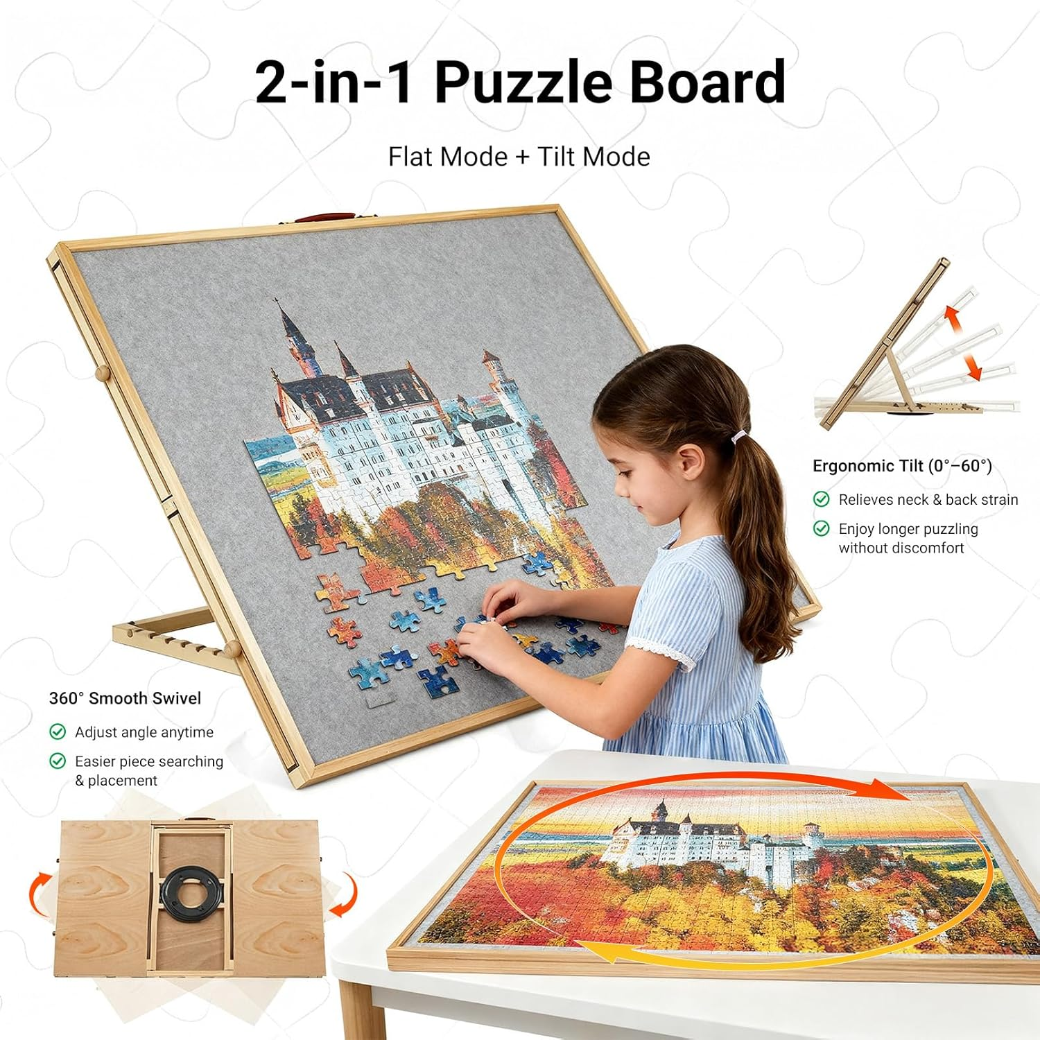 USOR 2-In-1 Rotating & Tilting Puzzle Board for 1500 Pieces, 92X65Cm Wooden Jigsaw Puzzle Table with Drawers, Cover, Lazy Susan, Non-Slip Suede Surface & 4 Sorting Trays, Adults, Varnished image number 4
