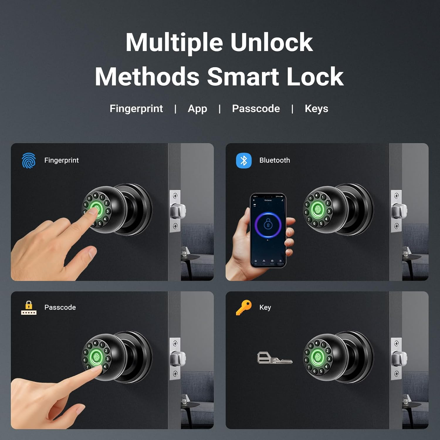 Smart Fingerprint Door Lock with Keypad & App Control, Biometric Keyless Entry Door Knob with Auto Lock, Thumb Print, Code & Keys for Home, Bedroom, Office (Matte Black) image number 4