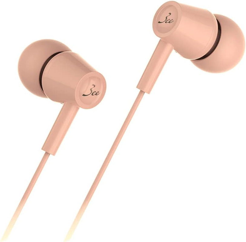 3Ee UAG01 Wired Earbuds, Airtight Type, 4.9 Ft (1.2 M), Microphone Included, Dynamic Type, Voice Recognition (Siri, Google Assistant), Black, M (Light Pink)