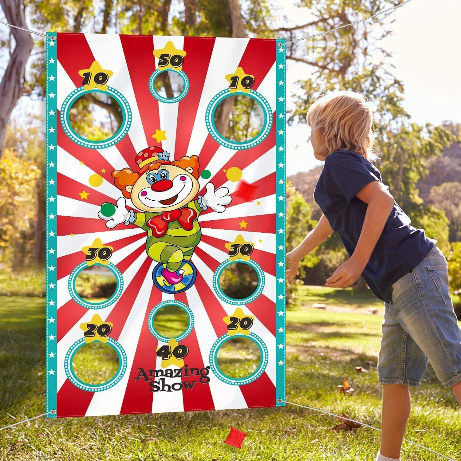 Carnival Clown Toss Game Banner with 3 Bean Bags for Kids and Adults in Carnival Party Activities Carnival Party Decoration Supply Set