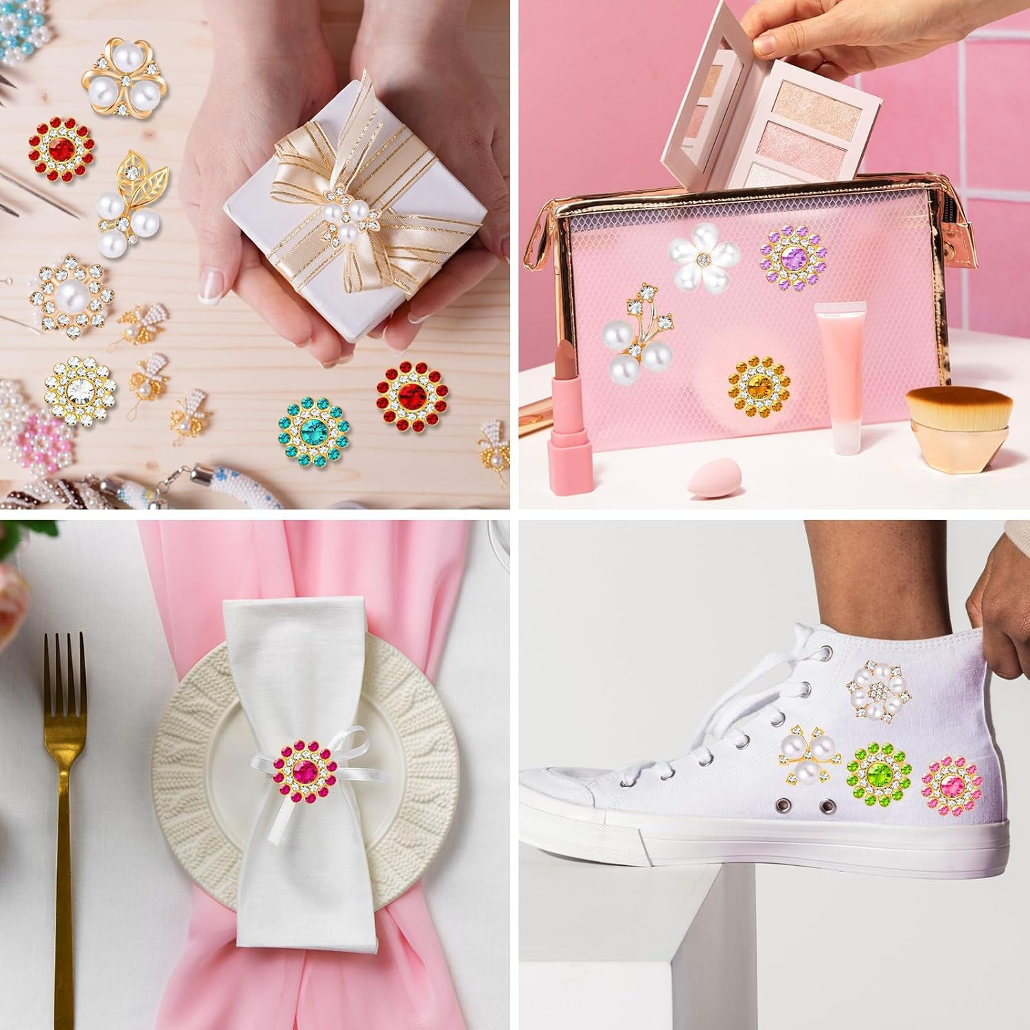 360 Pcs Flower Rhinestones Buttons Sets DIY Flat Back Flower Shaped Rhinestones Buttons, Faux Pearl Embellishments Buttons Crystal Glass Beads for Jewelry Making Wedding Home Decoration image number 2