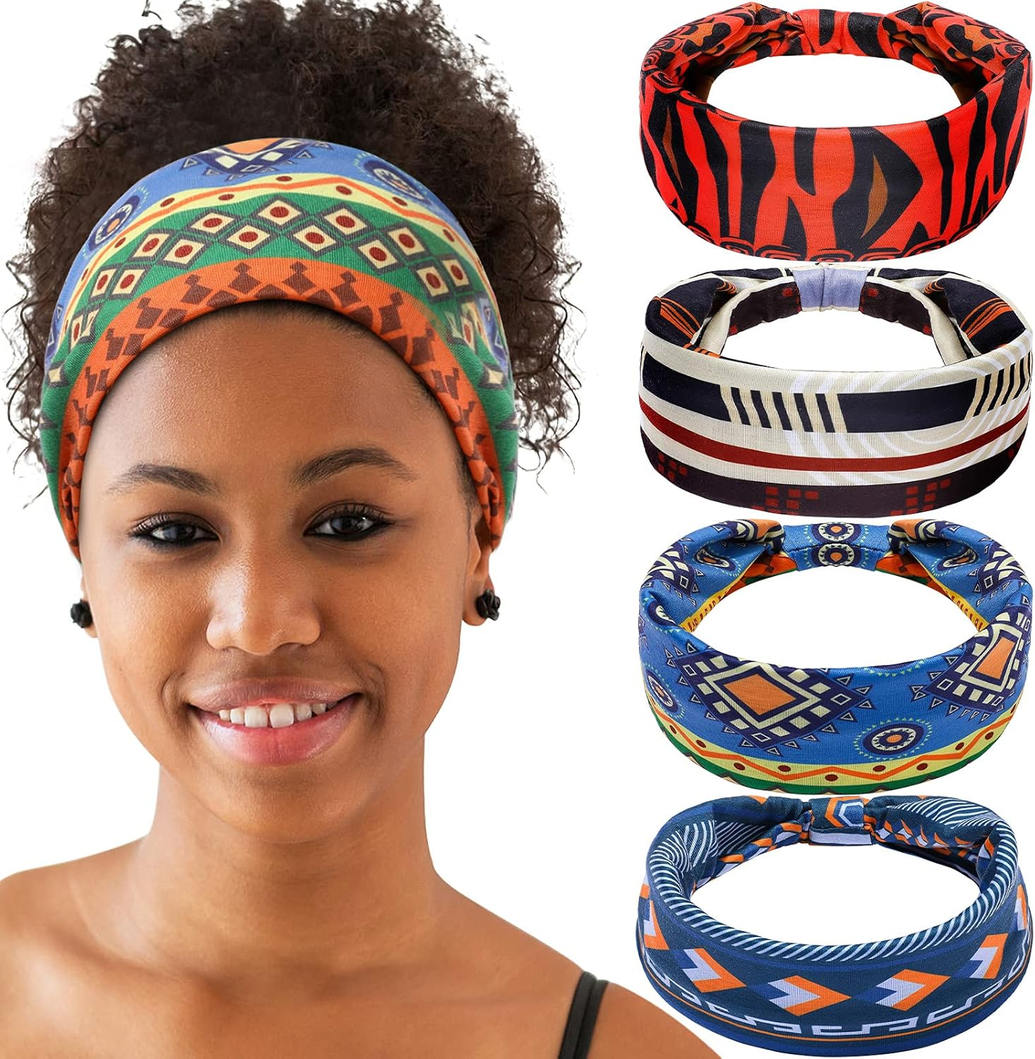 WILLBOND 4 Piece African Yoga Headband Stretchy Wide Knotted Hair Band African Hair Accessories for Women and Girls (Vintage Series) image number 5