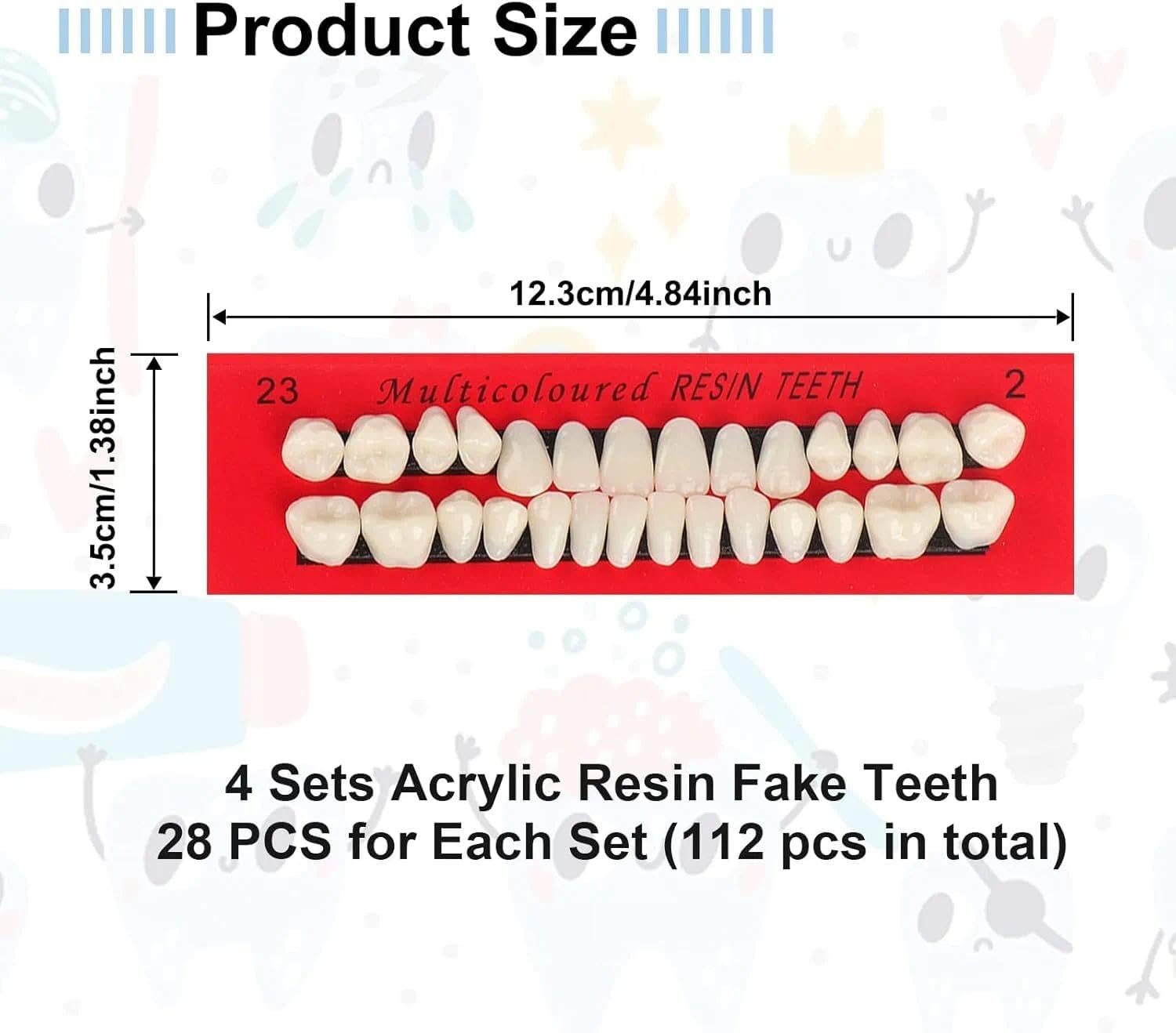 Fake Teeth Set 112 PCS False Teeth Acrylic Resin Dentures Upper and Lower Synthetic Resin Teeth for DIY Halloween Costume Crafts, 4 Complete Sets, 23 A2, Fengea