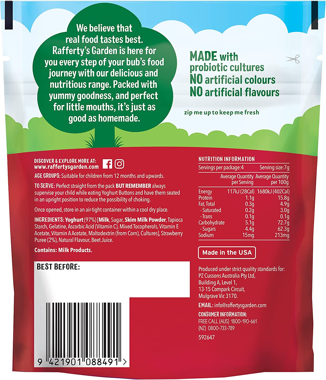 Rafferty'S Garden Strawberry Yoghurt Button Snacks for 12+ Month Babies, 28G (Case of 8) image number 1