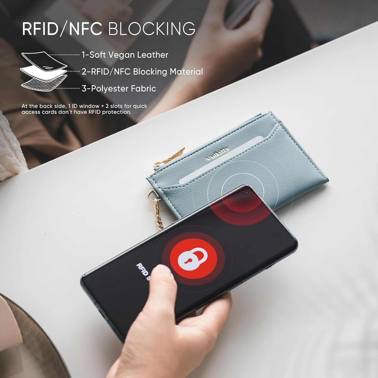 Vulkitty Slim Card Holder for Womem with Keychain and ID Window, Minimalist Wallet RFID Protected for Cards, Bills, Keys and Coins, Blue - Blue image number 3