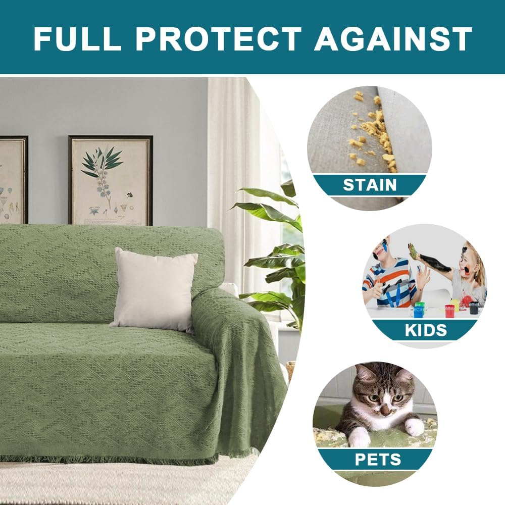H.VERSAILTEX Cotton Sofa Cover Couch Covers Sand Couch Protector Sofa Throw Cover for Couches Washable Sectional Sofa Couch Cover for Dogs Feature Geometrical Woven Fabric(180Cm X 260Cm, Large, Sage) image number 6