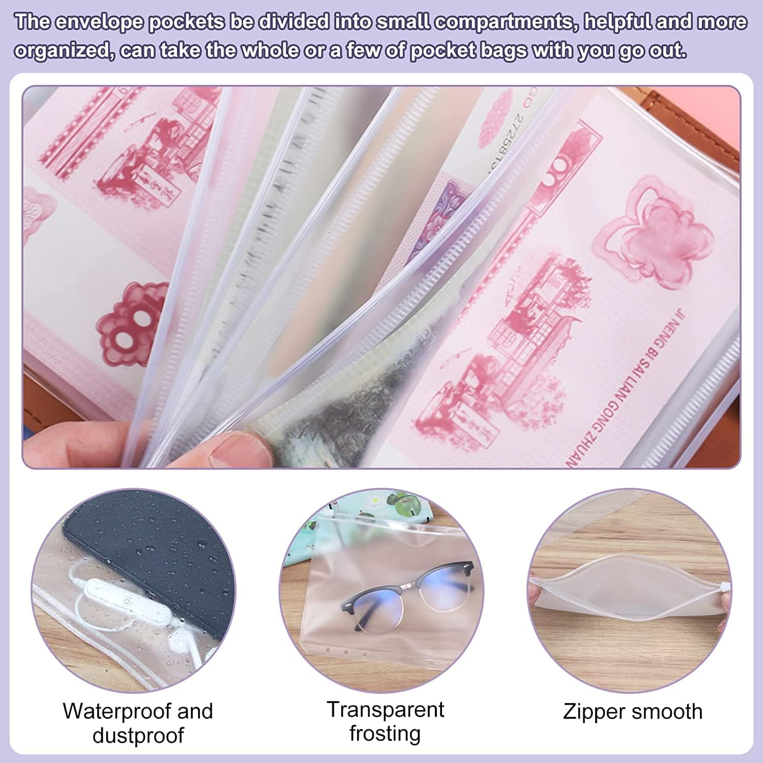 Budget Binder with Cash Envelopes for Budgeting, A6 Size, 12Pcs Budget Planner, Zipper Envelopes (Purple-White) image number 4