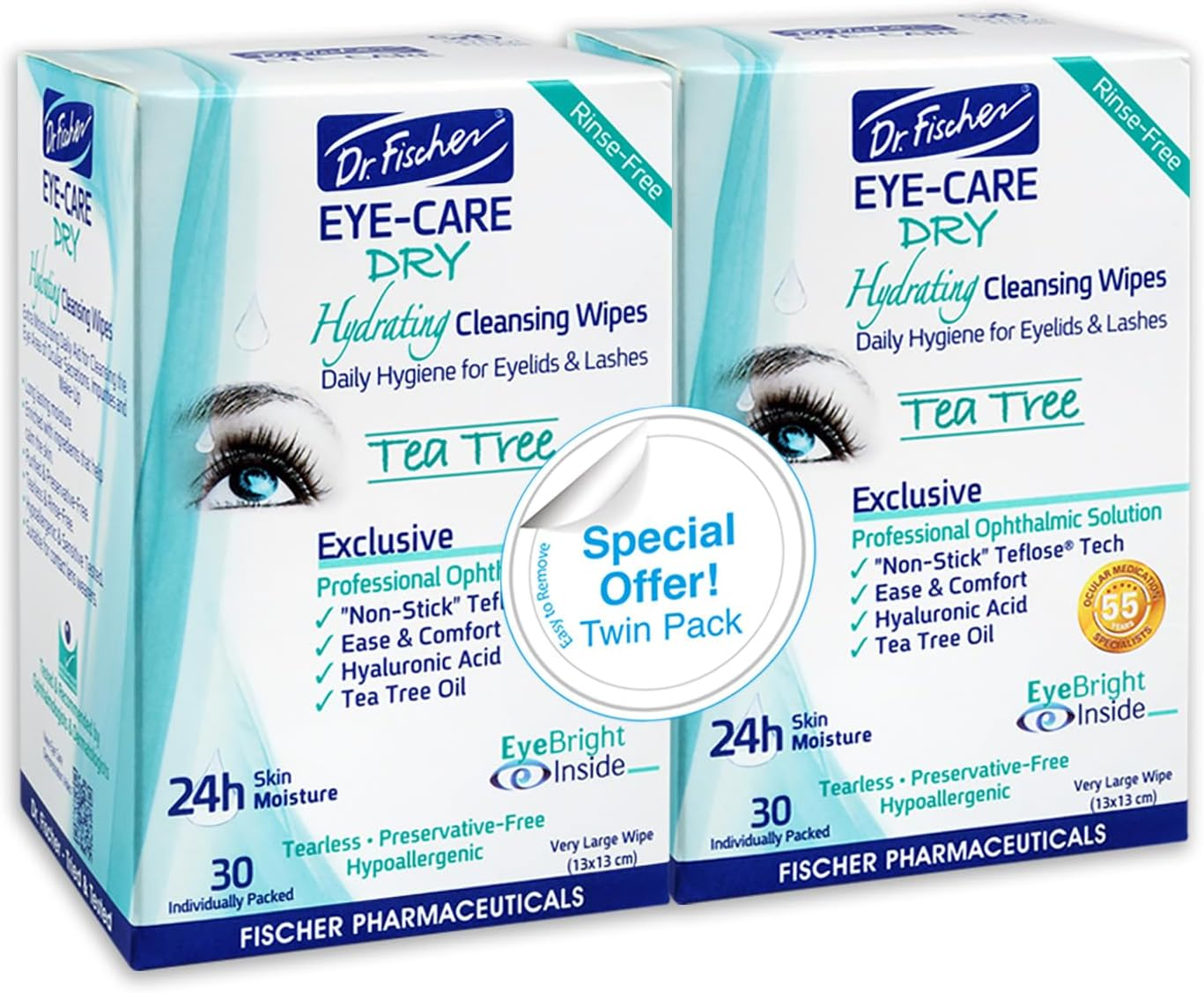 Dr. Fischer Eye Care Dry - Complementary Aid for Dry Eye Syndrome. Daily Hydrating Eyelid Wipes to Clean, Soften & Moisturize the Eye Area of Ocular Secretions and Irritations (Twin Pack, 60 Wipes) image number 3