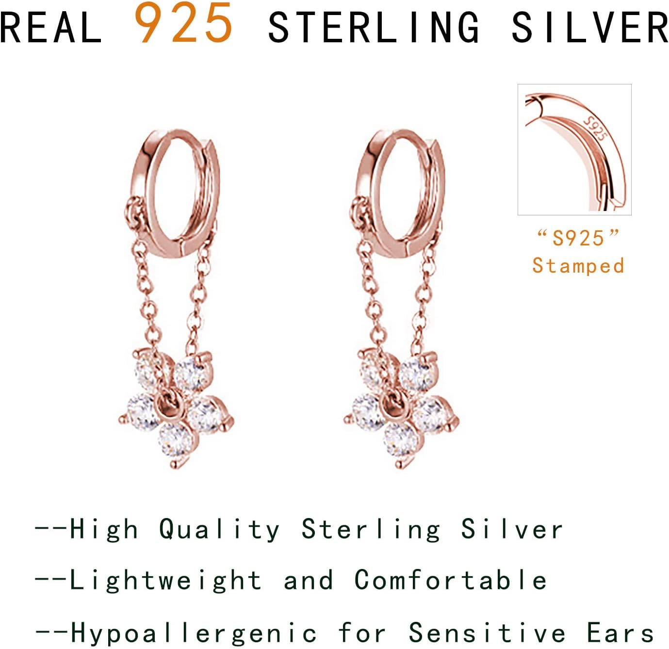 Reffeer Solid 925 Sterling Silver Flower Chain Drop Earrings Hoop for Women Teens Huggie Hoop Dangle Earrings Chain - B-Gold image number 7