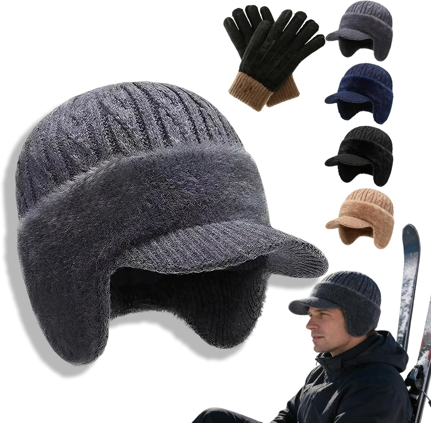 Blocking Knitted Hats with Ear Flaps and Wool Brim, Winter Fleece Lined Warm Baseball Beanie Knit Hat for Men&Women