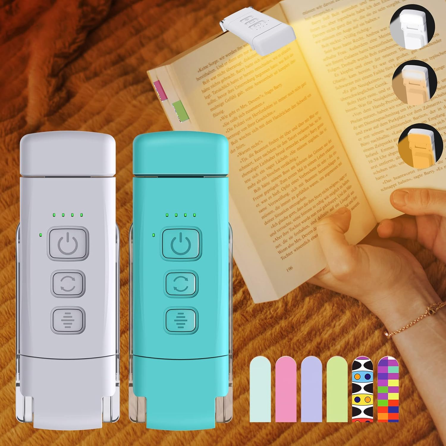 LUOLED 2-Pack Reading Light with 6 Bookmark, Rechargeable, Portable, Clamp Base, 30/60 Minutes Timer, 3 Color Modes & 5 Brightness Adjustments, Eye Care, Blue, Plastic