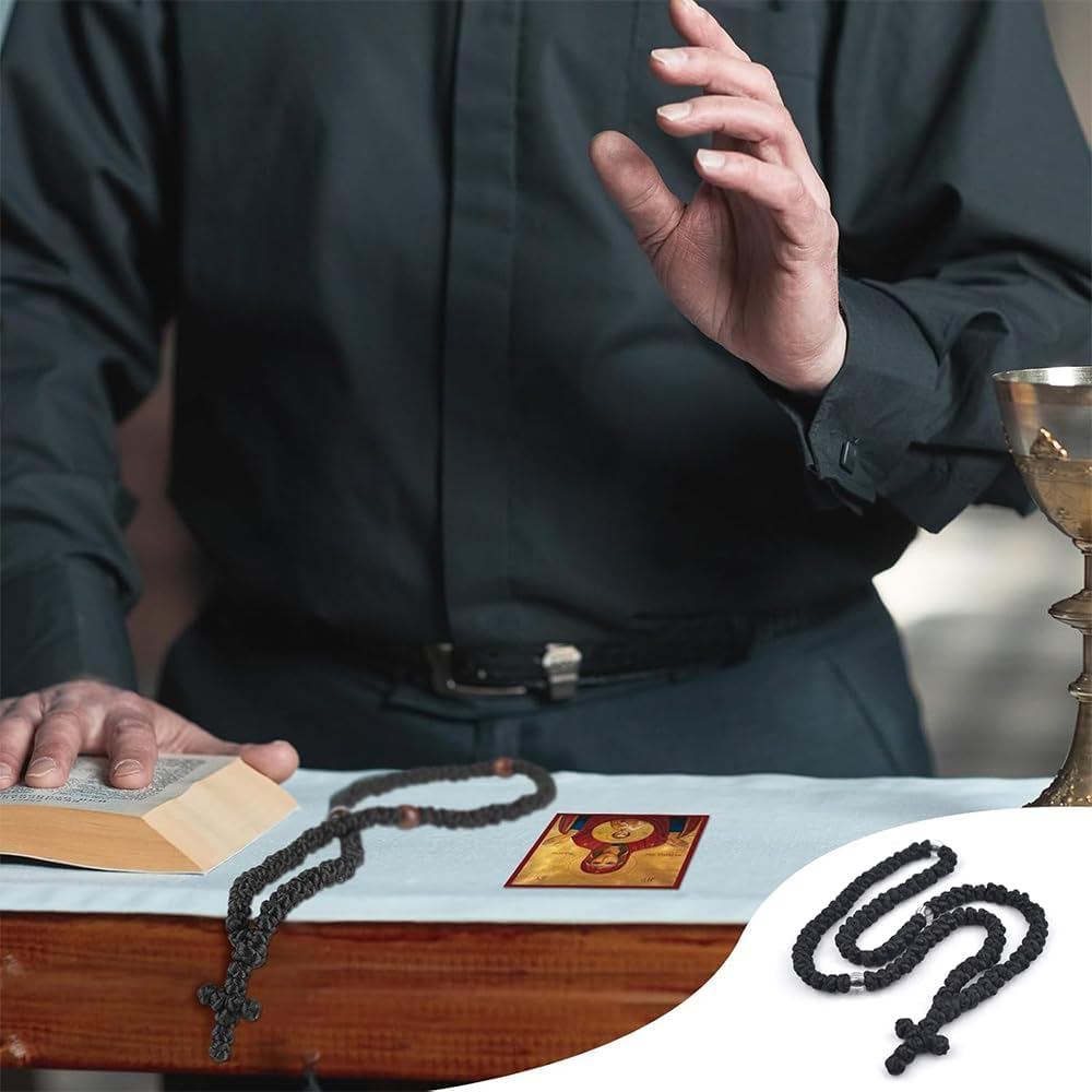 NYGHMY 1 Pcs Christian 100-Knot Prayer Rope (Black with Transparent Beads), Handmade Orthodox Prayer Rope with Cross Charm, Spiritual Protection Blessing, Handmade Transparent Bead Prayer Rope