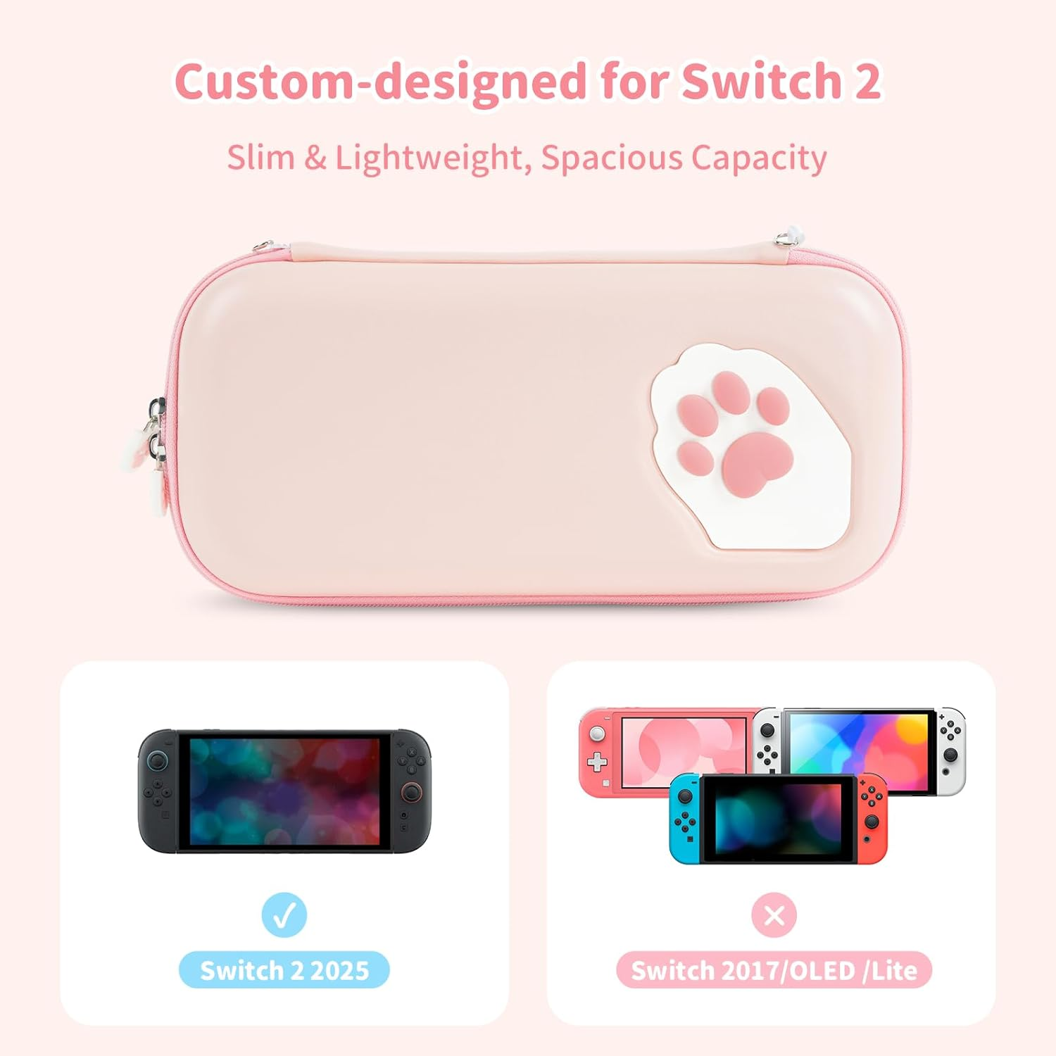 Geekshare Portable Carrying Case Compatible with Switch 2 (2025), Hard Storage Bag with 12 Game Card Slots, Cat Paw Travel Case for Switch 2 Console and Accessories (Pink) image number 1
