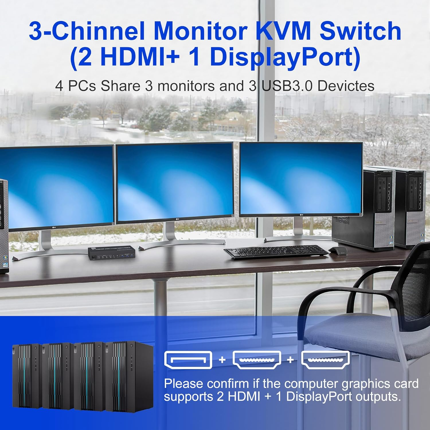 KVM Switch 3 Monitors 4 Computers 8K@60Hz 4K@144Hz, 2 HDMI +1 Displayport KVM Switch Triple Monitor for 4 Computer with Audio and 3 USB 3.0 Ports, KVM Triple Monitor Keyboard Mouse Switcher image number 3