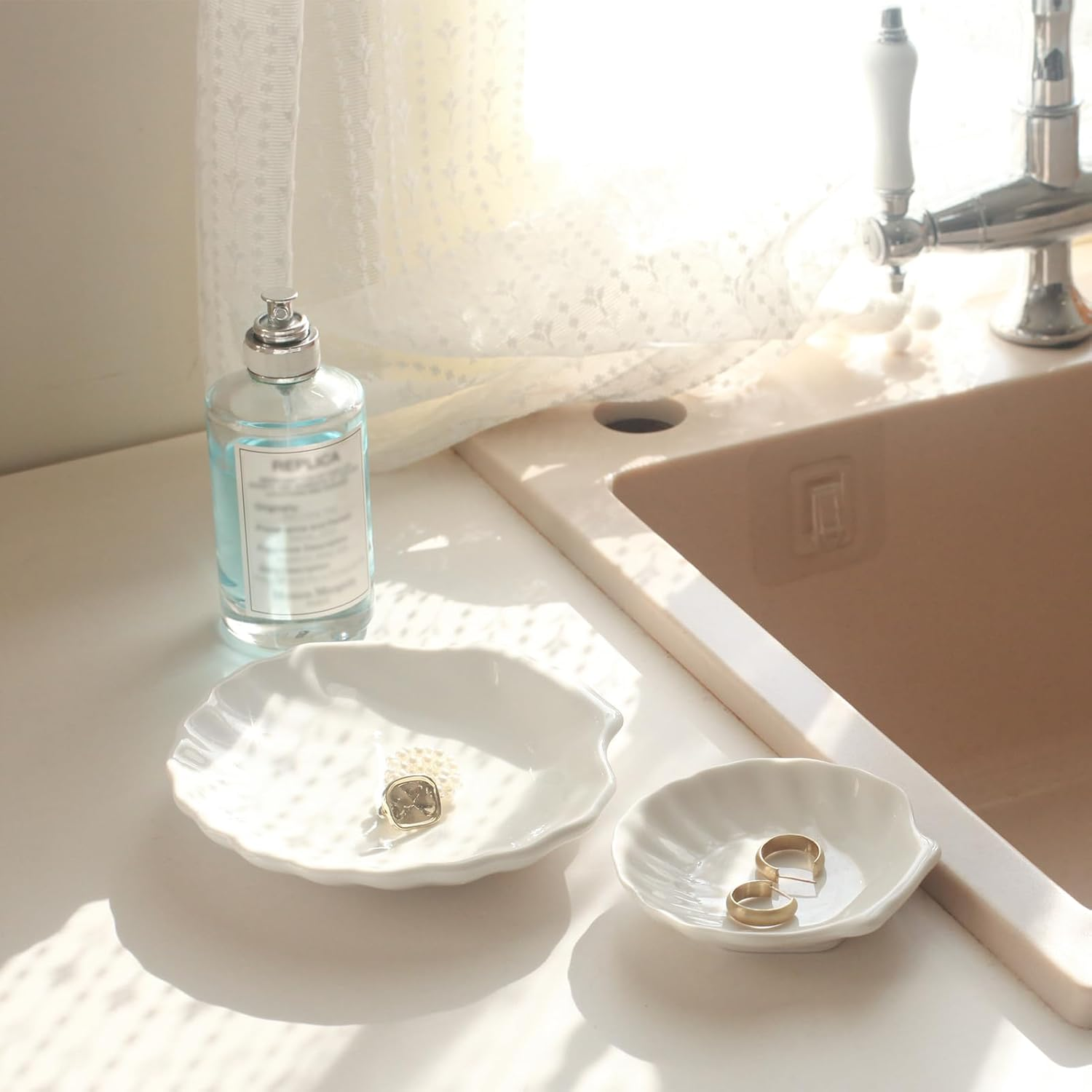 Shell Ring Dish Tray, Ceramic Jewelry Tray Trinket Dish, Seashell Key Holder Bowl, Beach Room Coastal Decor Aesthetic, Ocean Bathroom Counter Decor, White, Small image number 5