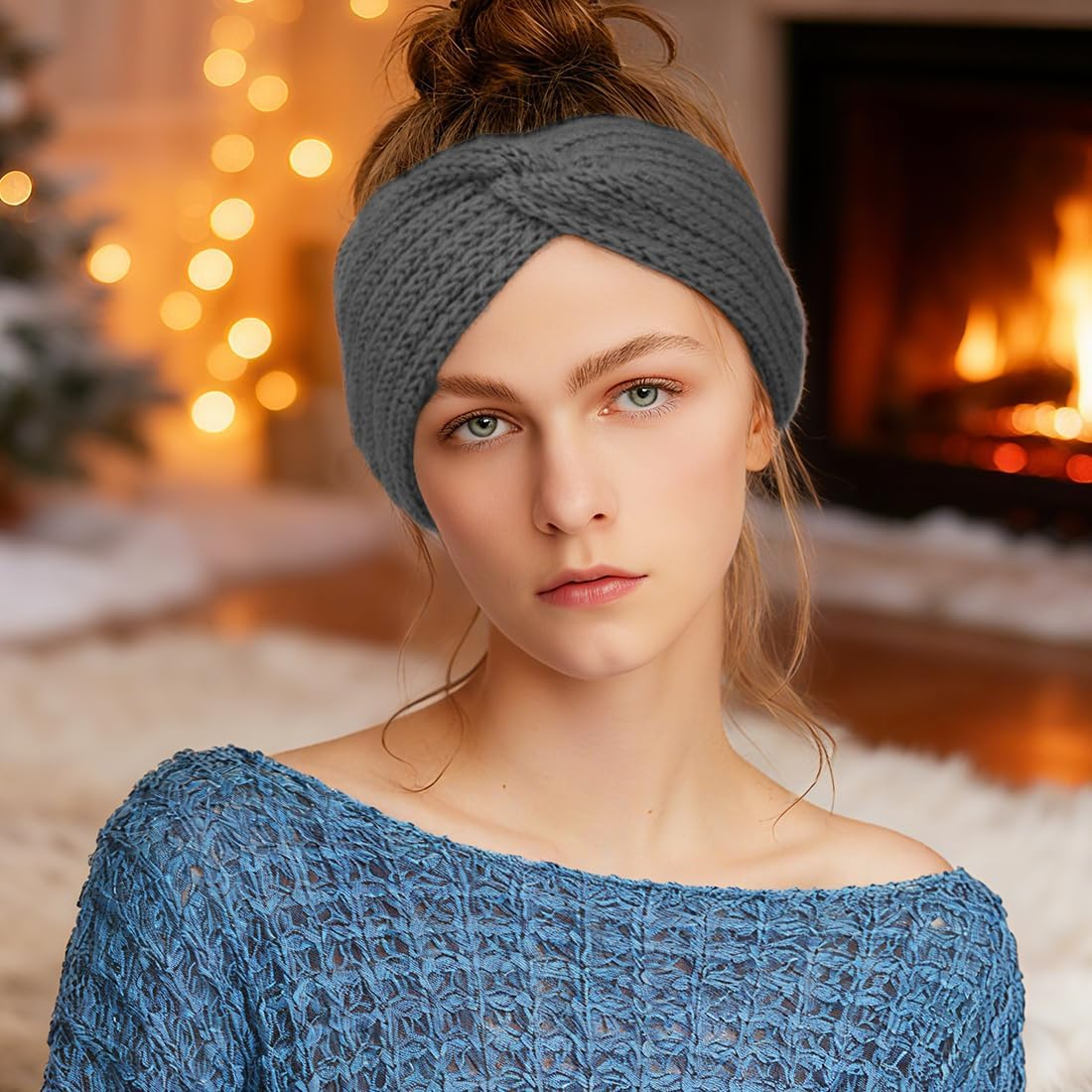 GGUFAY Bow Headband Women'S Winter Knitted Warm Headbands Ear Warmers Headband Hair Band Thick for Women Girls Elastic Crochet Thermal Headband (B) image number 5