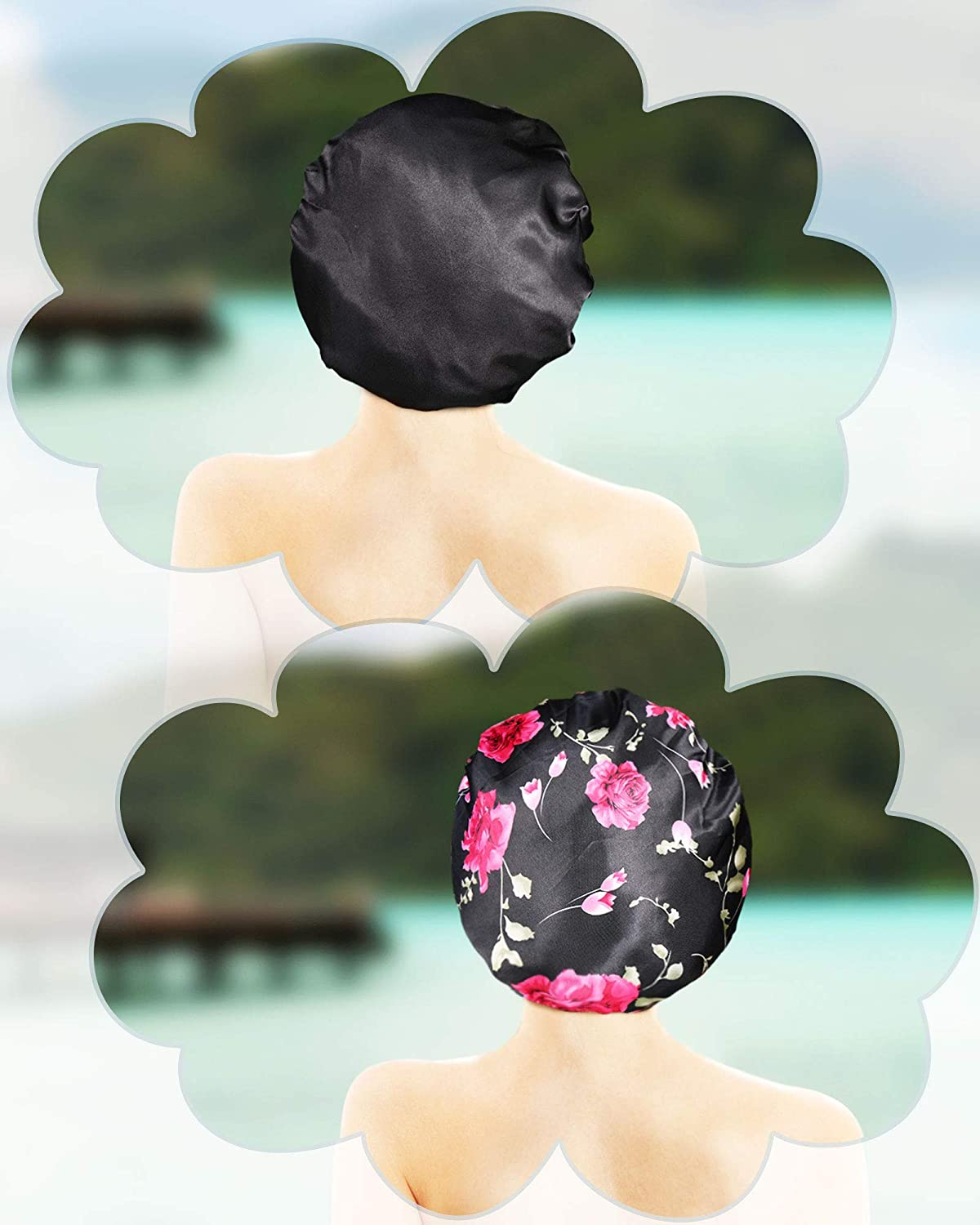 Syhood 2 Pieces Soft Satin Head Scarf Sleeping Cap Bonnet Headwear Head Wrap Turbans for Women Long Curly Hair, Braids image number 2