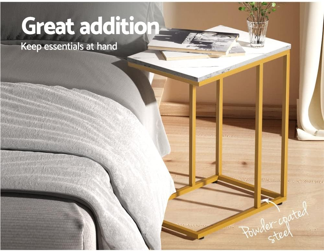 Artiss Coffee Table Marble Effect round Sofa Side Bedside Tables Laptop Desk, Home Furniture Living Room Office Wooden Rectangular End Golden Metal Frame Particle Board Simple Assembly
