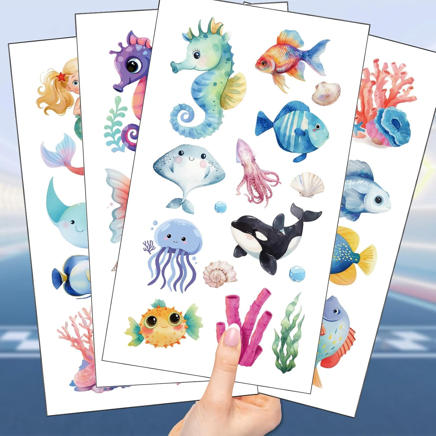 10 Sheets Ocean Animal Tattoos, Shark, Whale, Fish, Pre Kill Temporary Tattoos for Kids, Cute Themed Birthday Party Gifts, Decorations, Fake Tattoo Stickers