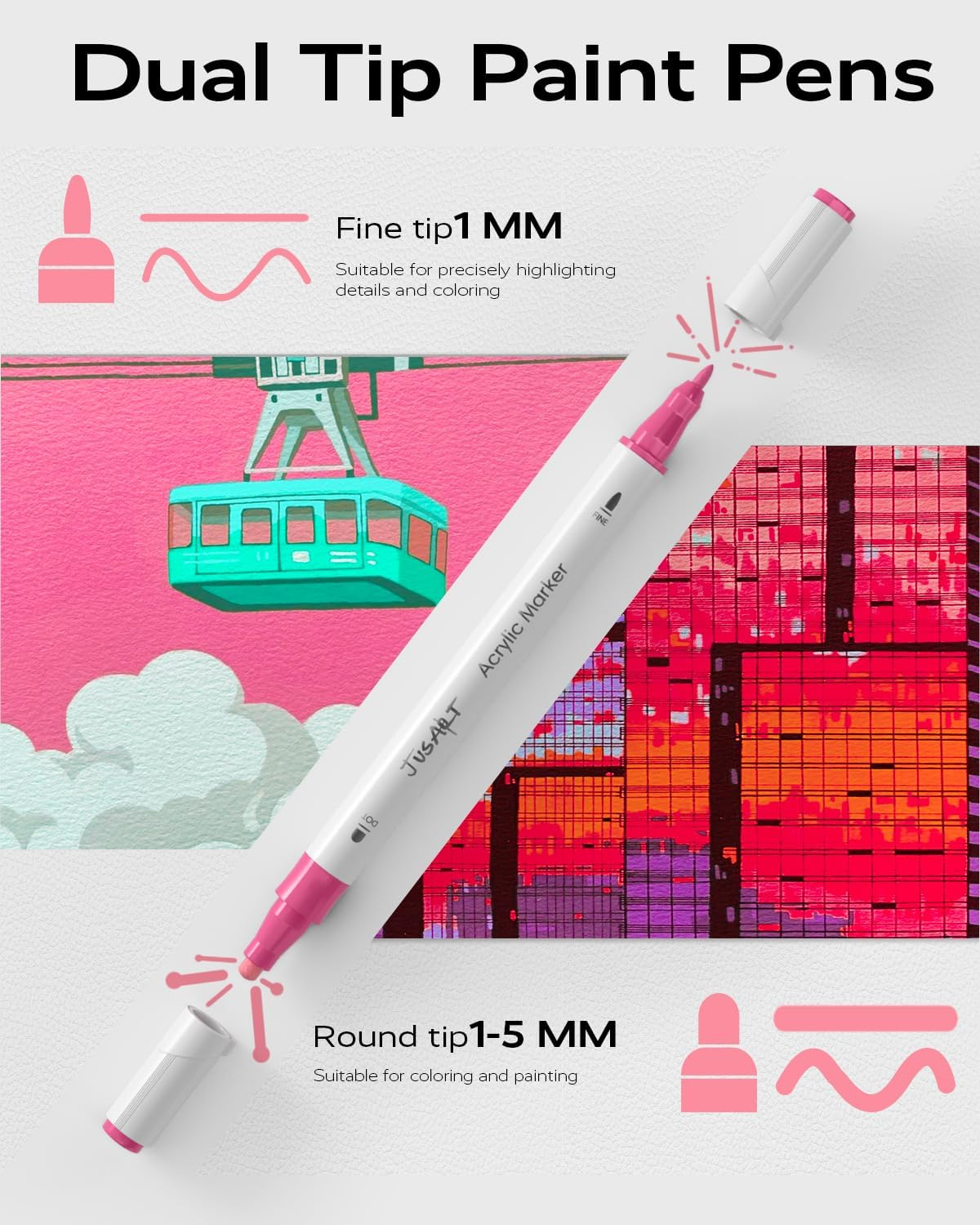 Jusart 48 Colors Dual Tip Acrylic Paint Markers, Acrylic Paint Pens with Dot and Fine Tip for Rock, Fabric, Wood, Glass, Ceramic, Canvas - Vibrant Art Supplies Beginners & Artists image number 3