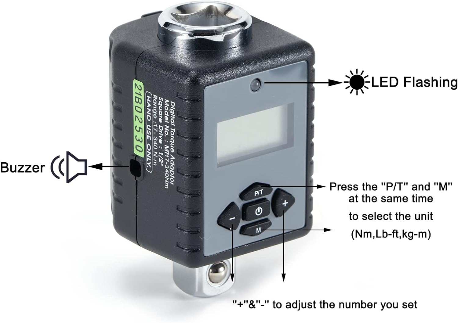 Threeh 1/2''Digital Torque Adapter (12.5 to 250.9 Ft-Lbs.) with Audible&Led Alert (1/2'' Drive & Includes Adapters for 3/8'' and 1/4'')