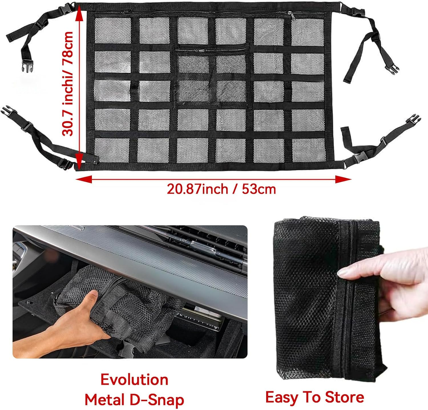 Car Ceiling Storage Net, 78 X 53 Cm, Double-Layer Mesh Organizer with Adjustable Buckles image number 2