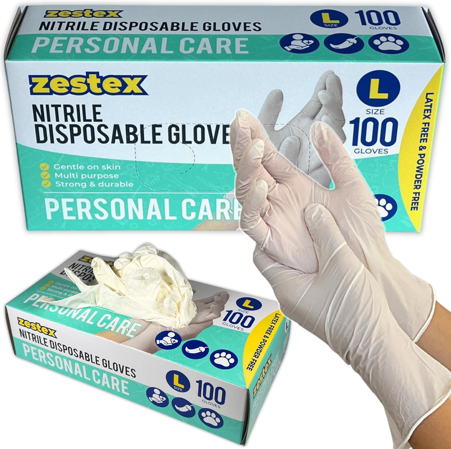 Nitrile Personal Care, Latex-Free & Powder-Free, Non-Sterile Food Safe Multi Purpose Disposable Glove, White, Large, Case/100 image number 3