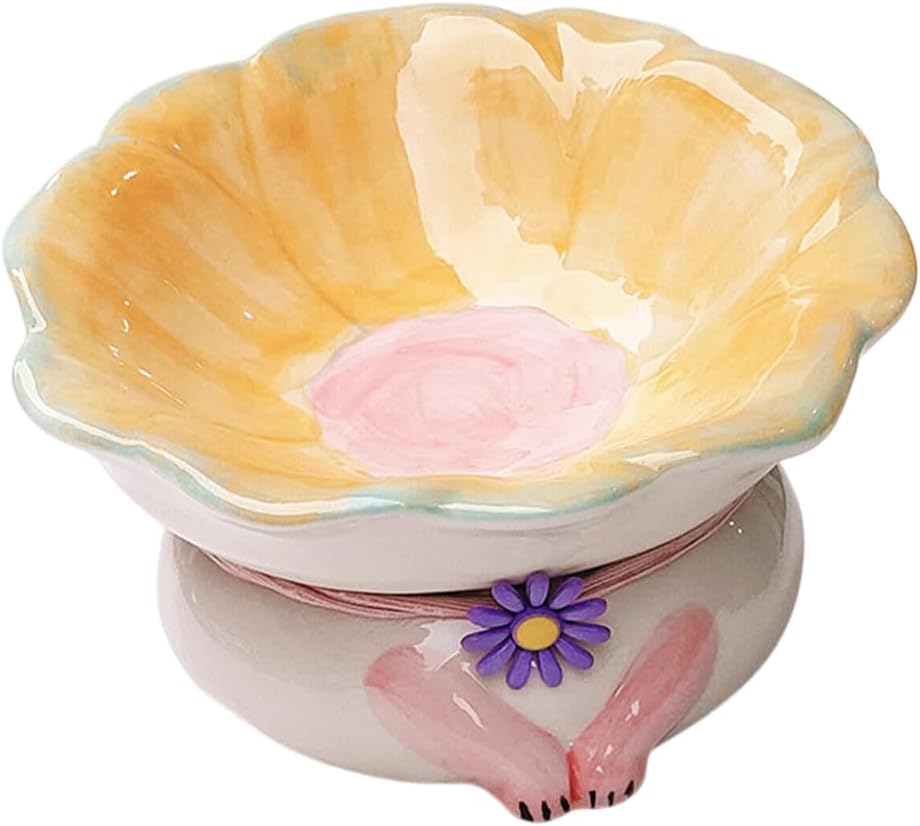 AIMALL Tilted Ceramic Cat Bowl for Neck Protection, 15&deg; Tilt Design Elevated Pet Food and Water Dish, Non-Slip Tall Cat Basin, Ideal for Cats and Small Dogs