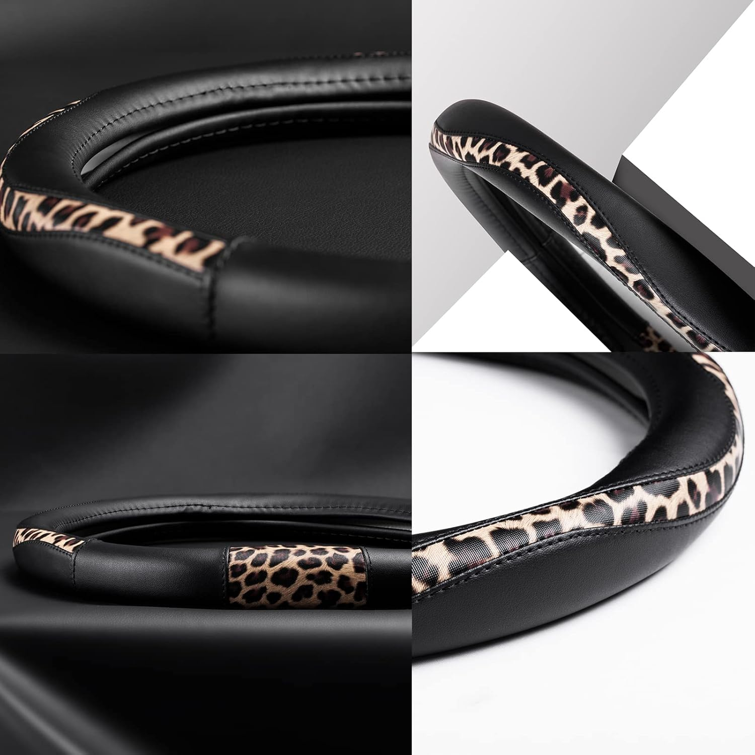 Road Comforts D-Type Steering Wheel Cover - Made with PVC Leather and Leopard Fabric - Universal Fit for 15-Inch D-Shaped Automotive Steering Wheels (Black Color) - Beige image number 7