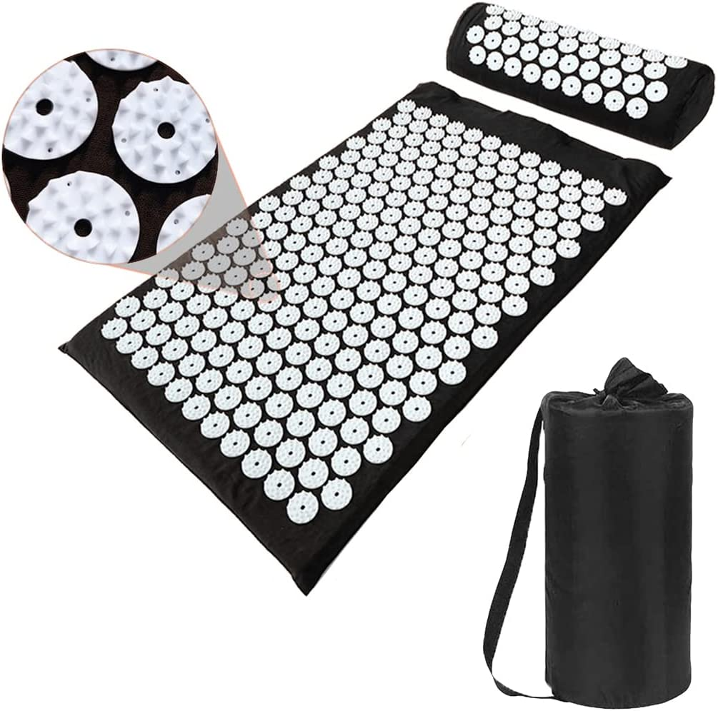 Yoga Acupressure Mat and Pillow Set with Bag - Extra Long 73X42Cm Massage Acupuncture Mat - Naturally Relax Back, Neck and Feet Muscles - Stress and Pain Relief (Black)