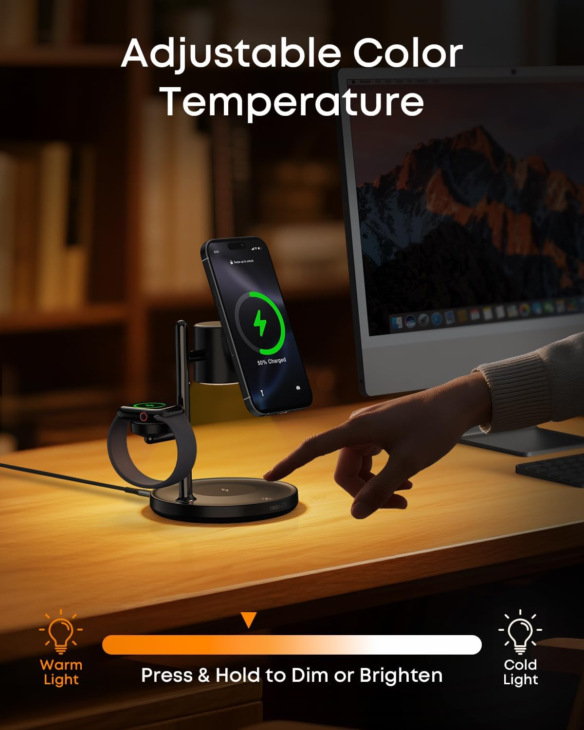 TOUGH on Magmore 4 in 1 Wireless Charger, Qi2 Certified 15W Fast Charging Station with Dimmable Night Light, Magsafe-Compatible Stand for Iphone 17/16/15, Apple Watch, Airpods, Samsung Galaxy Devices image number 2