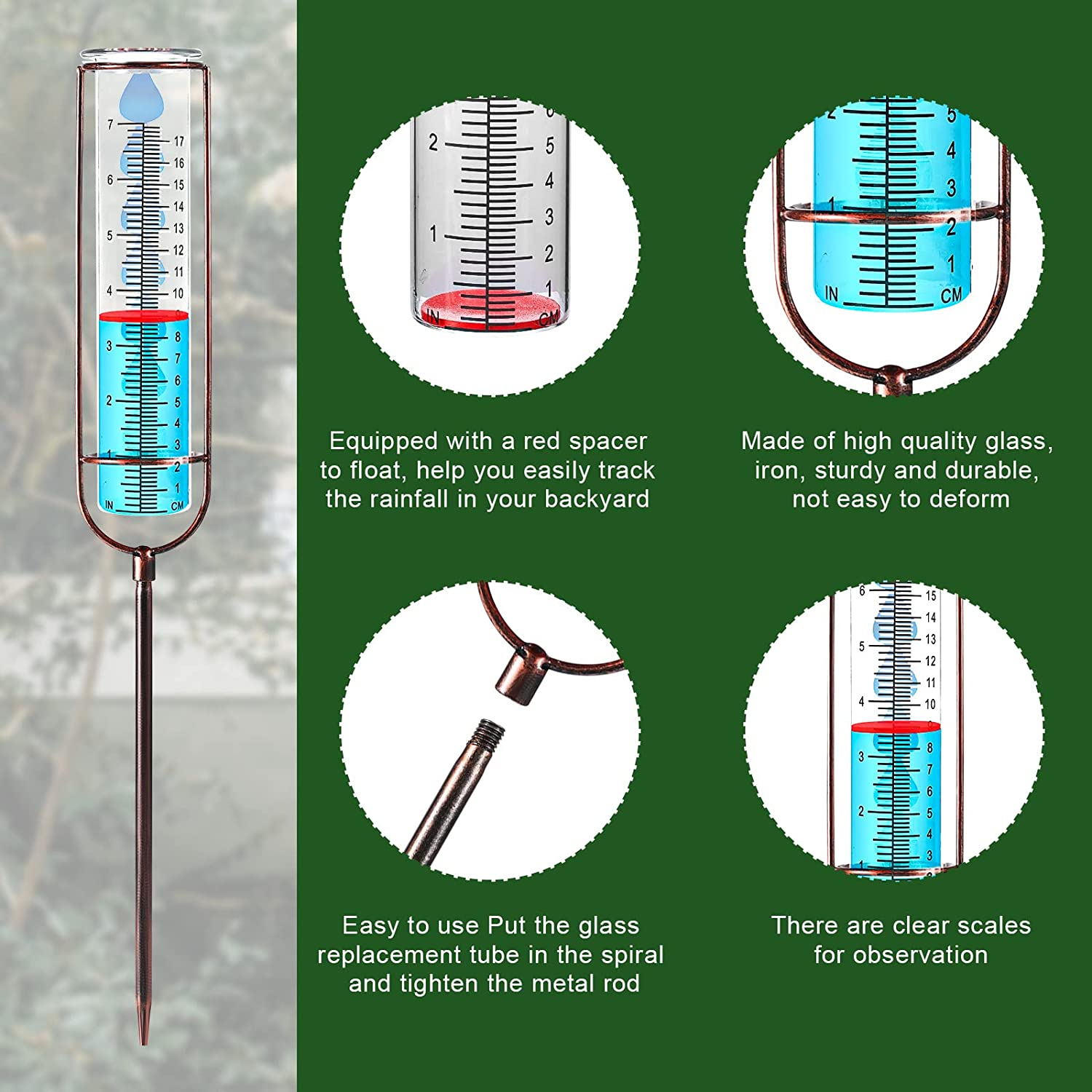 Rain Gauge Outdoor, 7 Inch Large Capacity Glass Rain Gauge Outdoor with Stake and Gasket, Easy to Read Removable Rain Gauges for Yard, Lawn, Garden, Fence (Bronze) image number 3