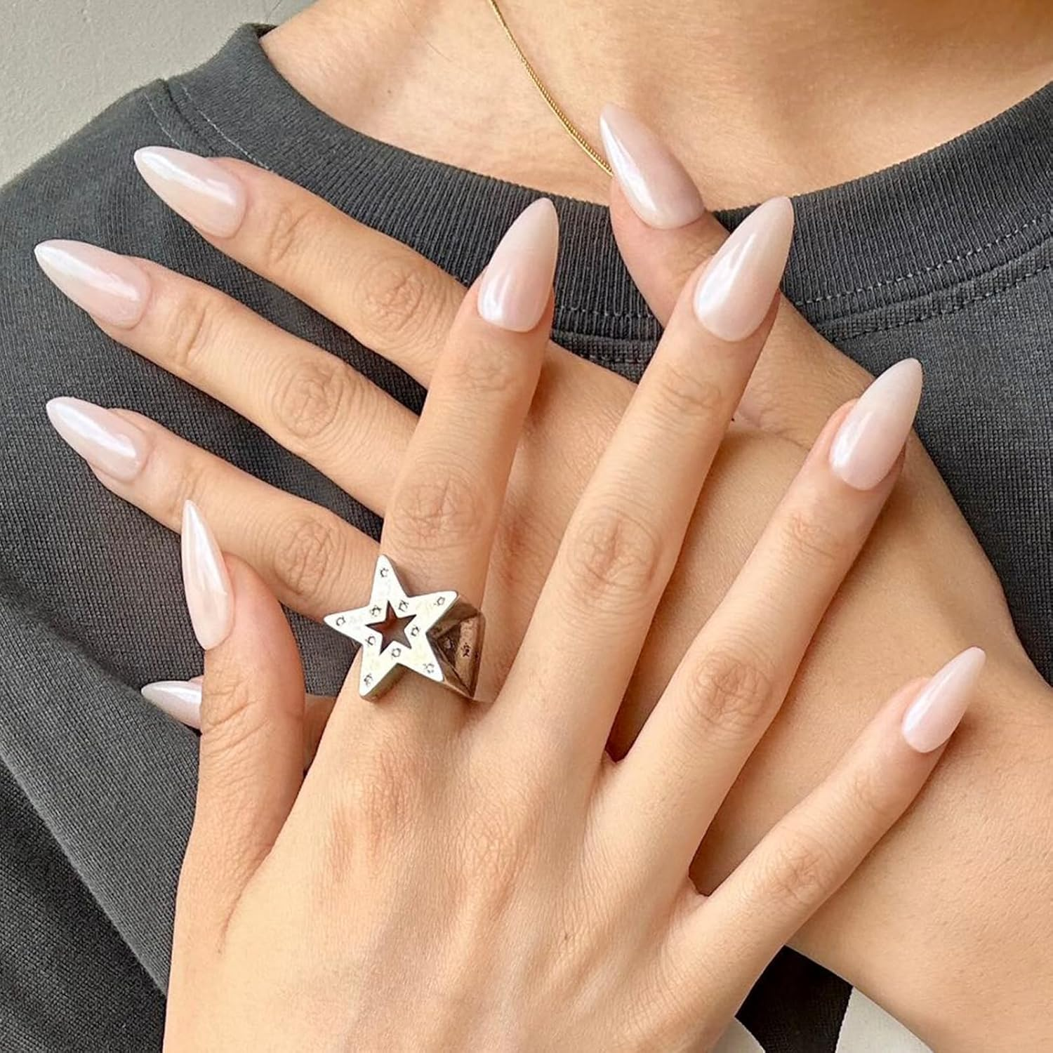 Modelones Press on Short Almond Nails, Donut Reusable Kit with Glue Adhesive Tabs, Mini File, 24 Fake Pieces 12 Sizes, DIY Home Salon, White Pearl Glitter image number 5